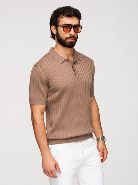 Ombre Clothing Pánská polokošile SLIM FIT z viskózy se svislými pruhy - světle hnědá V5 OM-POSS-0169 Ombre Clothing