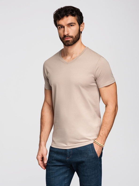 Ombre Clothing Pánské bavlněné tričko BASIC s výstřihem do V - šedozelené/bílé/béžové V14 OM-TSBS-0281 Ombre Clothing