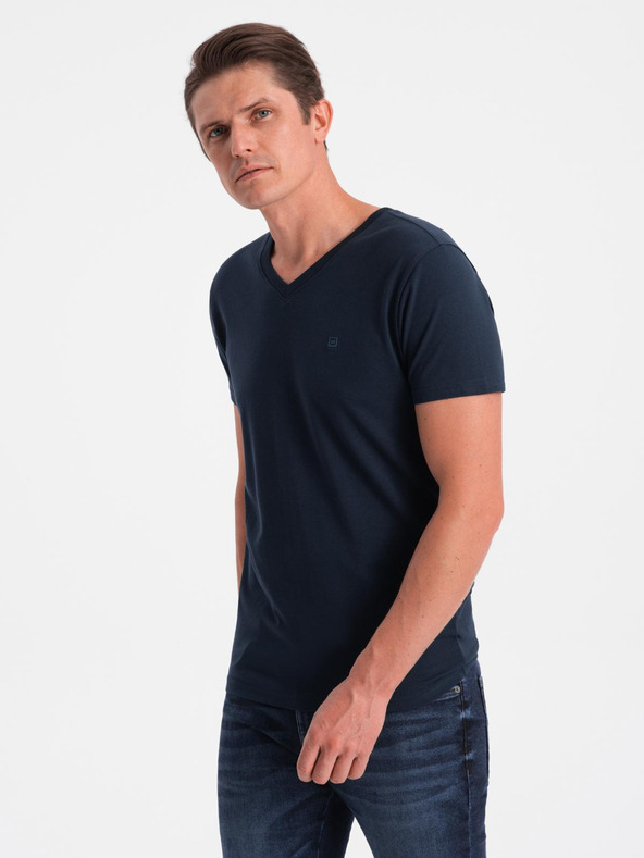 Ombre Clothing Signované pánské tričko s výstřihem do V a elastanem - tmavě modré V2 S2040 Ombre Clothing