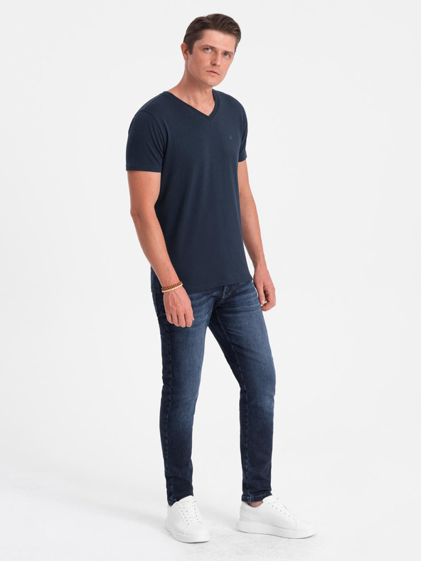 Ombre Clothing Signované pánské tričko s výstřihem do V a elastanem - tmavě modré V2 S2040 Ombre Clothing