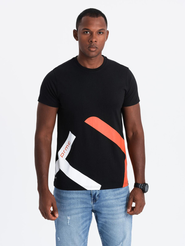 Ombre Clothing Pánské bavlněné tričko s kontrastním dvoubarevným potiskem - černé V1 OM-TSPT-0219 Ombre Clothing