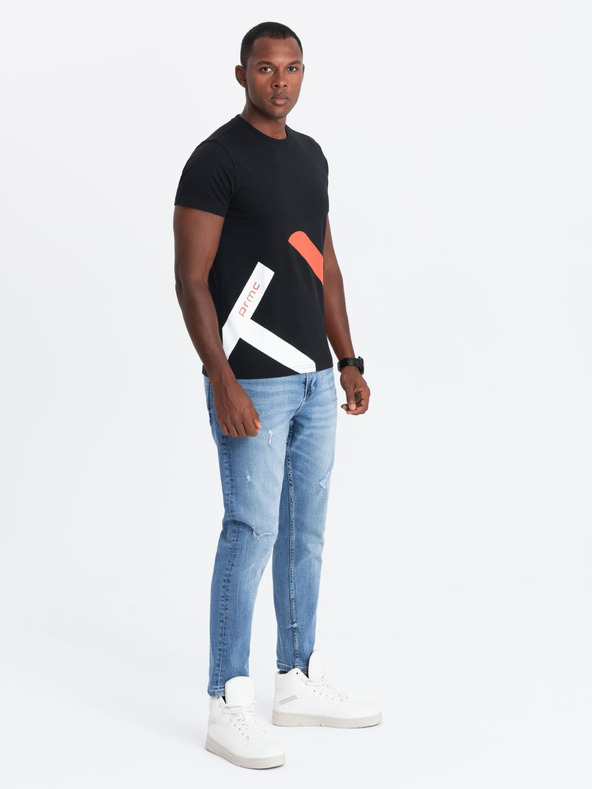 Ombre Clothing Pánské bavlněné tričko s kontrastním dvoubarevným potiskem - černé V1 OM-TSPT-0219 Ombre Clothing