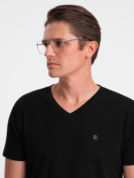 Ombre Clothing Pánské tričko s výstřihem do V a elastanem - černé V3 S2040 Ombre Clothing