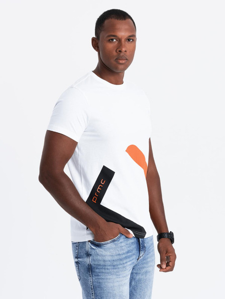 Ombre Clothing Pánské bavlněné tričko s kontrastním dvoubarevným potiskem - bílé V2 OM-TSPT-0219 Ombre Clothing