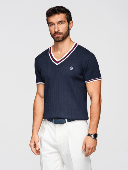 Ombre Clothing Pánské viskózové tričko se serpézovým výstřihem - tmavě modré V2 OM-TSCT-0266 Ombre Clothing