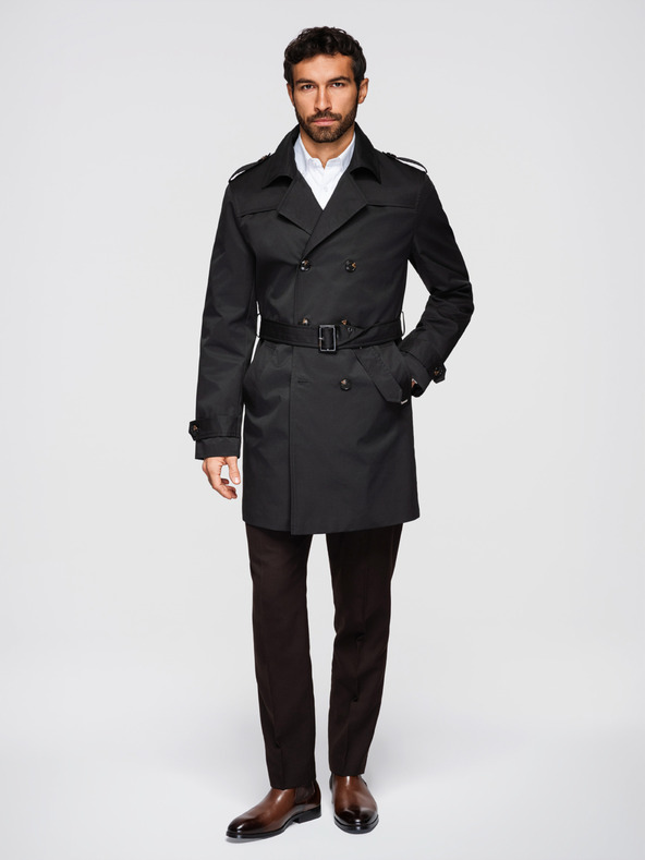 Ombre Clothing Pánský dvouřadový elegantní kabát SLIM FIT s páskem - černý V2 OM-COLC-0146 Ombre Clothing