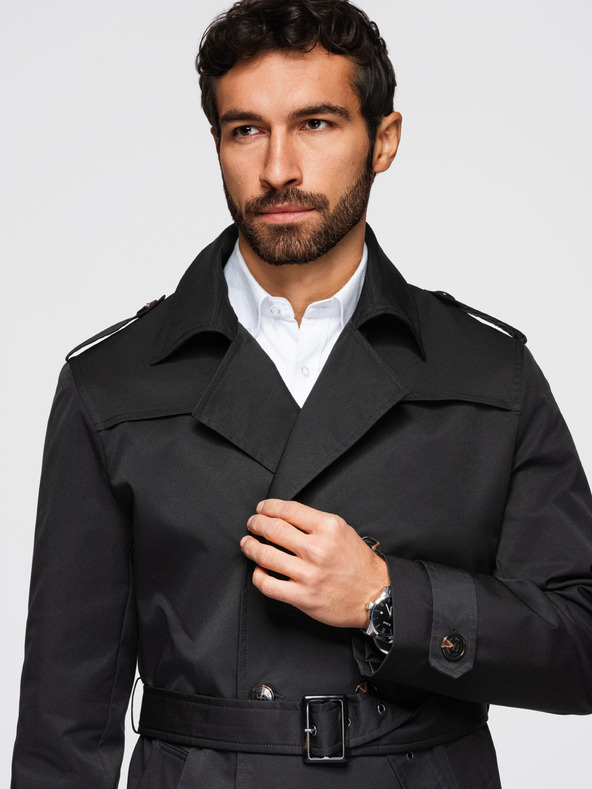 Ombre Clothing Pánský dvouřadový elegantní kabát SLIM FIT s páskem - černý V2 OM-COLC-0146 Ombre Clothing