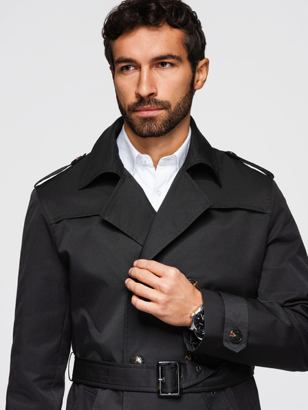 Ombre Clothing Pánský dvouřadový elegantní kabát SLIM FIT s páskem - černý V2 OM-COLC-0146 Ombre Clothing