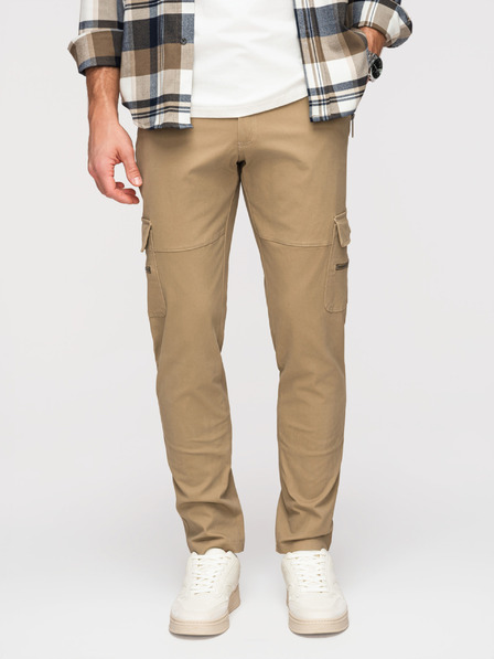 Ombre Clothing Pánské kalhoty s rovnými nohavicemi a kapsami na zip - khaki V3 P1517 Ombre Clothing