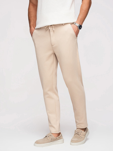 Ombre Clothing Pánské ležérní kalhoty CARROT FIT z žakárového úpletu - béžové V2 OM-PACP-0292 Ombre Clothing