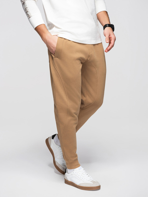 Ombre Clothing Pánské tepláky BASIC jogger s žebrovanou nohavicí - hnědé V2 OM-PABS-0305 Ombre Clothing