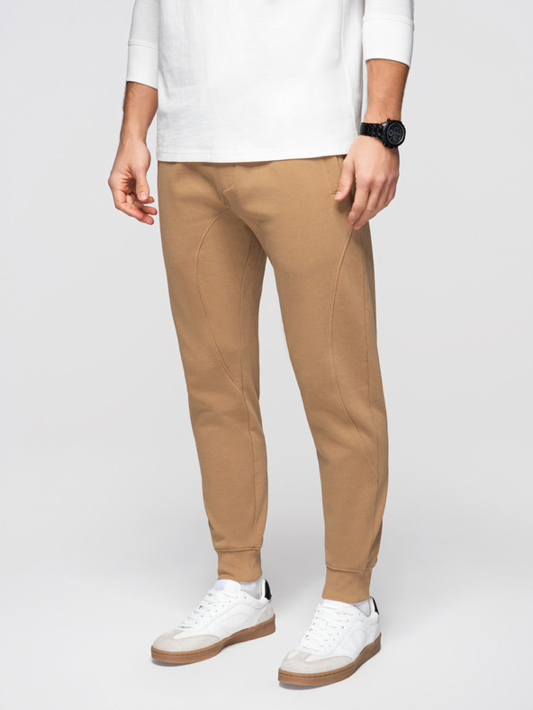 Ombre Clothing Pánské tepláky BASIC jogger s žebrovanou nohavicí - hnědé V2 OM-PABS-0305 Ombre Clothing