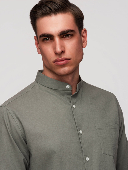 Ombre Clothing Pánská plátěná košile se stojáčkem a kapsou REGULAR FIT - khaki V6 K704 Ombre Clothing
