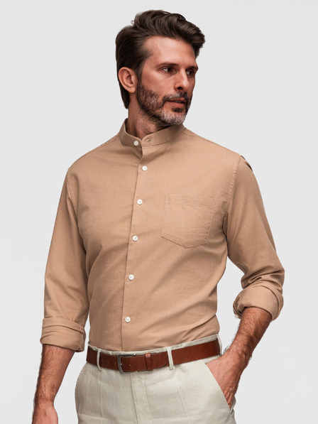 Ombre Clothing Pánská plátěná košile se stojáčkem a kapsou REGULAR FIT - světle hnědá V7 K704 Ombre Clothing
