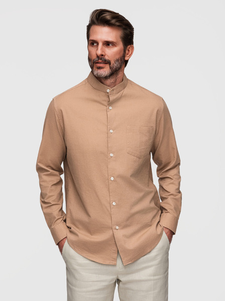 Ombre Clothing Pánská plátěná košile se stojáčkem a kapsou REGULAR FIT - světle hnědá V7 K704 Ombre Clothing