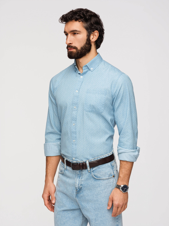 Ombre Clothing Pánská bavlněná košile z jemného denimu se vzorem - světle modrá V1 K702 Ombre Clothing