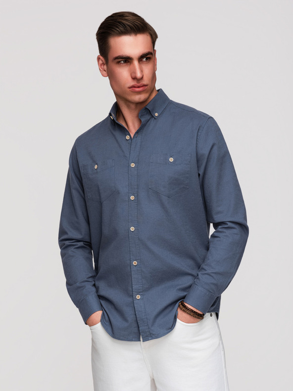 Ombre Clothing Pánská lněná košile s klasickým límcem a kapsami REGULAR FIT - modrá V4 OM-SHCS-0134 Ombre Clothing