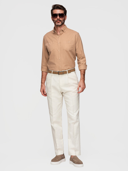 Ombre Clothing Pánská lněná košile s klasickým límcem a kapsami REGULAR FIT - světle hnědá V7 OM-SHCS-0134 Ombre Clothing