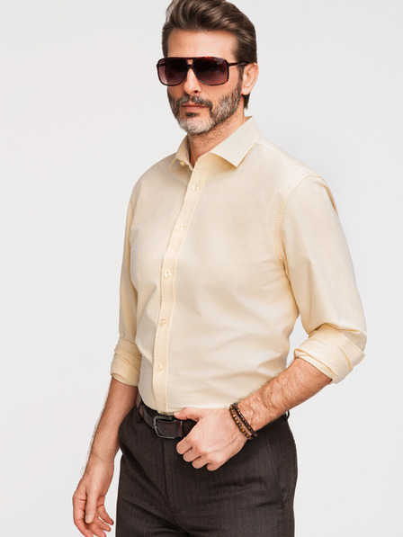 Ombre Clothing Pastelová bavlněná pánská košile oxford - světle žlutá V3 K705 Ombre Clothing