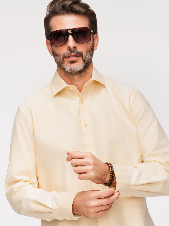 Ombre Clothing Pastelová bavlněná pánská košile oxford - světle žlutá V3 K705 Ombre Clothing