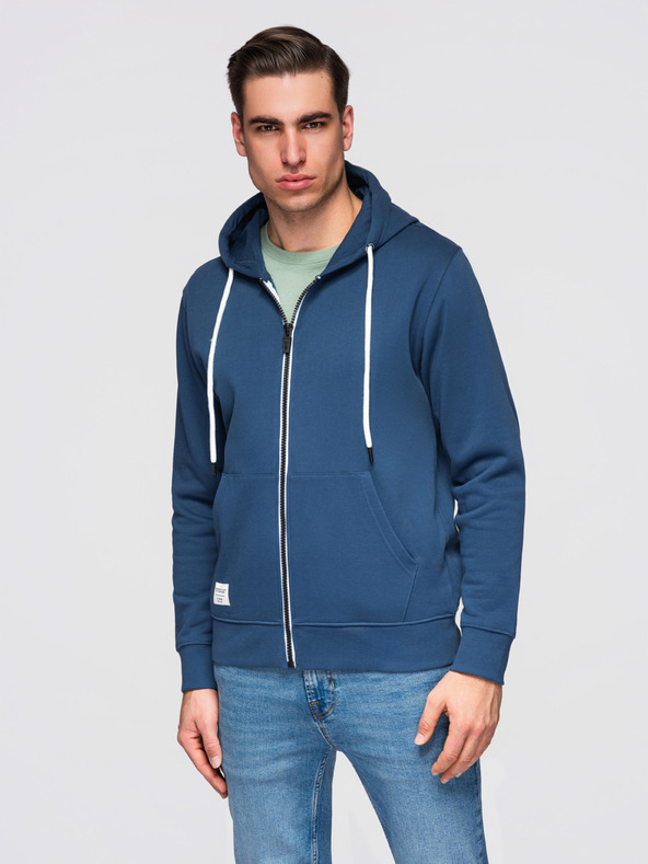 Ombre Clothing Pánská bavlněná mikina BASIC na zip s kapucí - tmavě modrá V4 OM-SSBZ-0272 Ombre Clothing