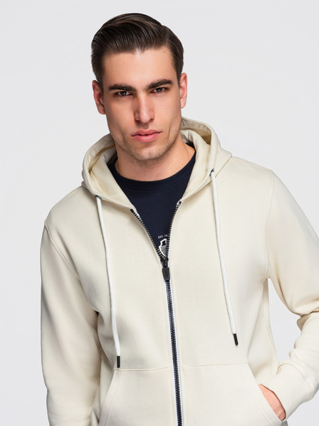 Ombre Clothing Pánská bavlněná elastická mikina s kapucí BASIC - krémová V11 OM-SSBZ-0272 Ombre Clothing