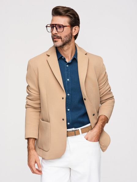 Ombre Clothing Pánská strukturovaná bunda s vysokým límcem a kapucí - světle hnědá V1 M167 Ombre Clothing