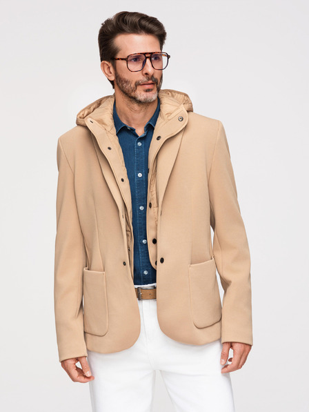 Ombre Clothing Pánská strukturovaná bunda s vysokým límcem a kapucí - světle hnědá V1 M167 Ombre Clothing