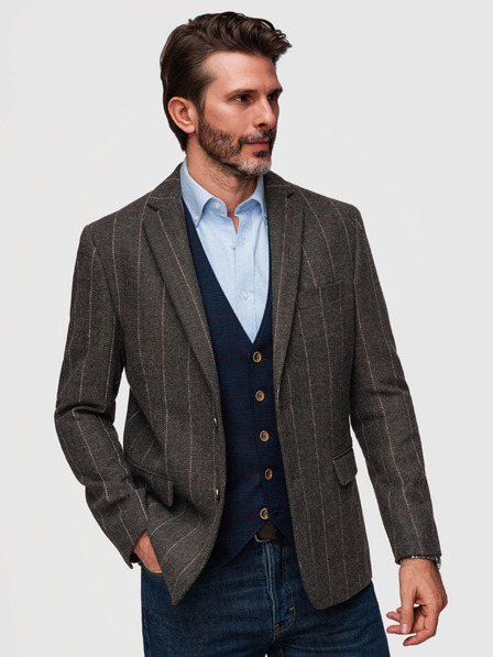 Ombre Clothing Pánské elegantní jemně kostkované sako z vlněné směsi - tmavě hnědé V3 M166 Ombre Clothing