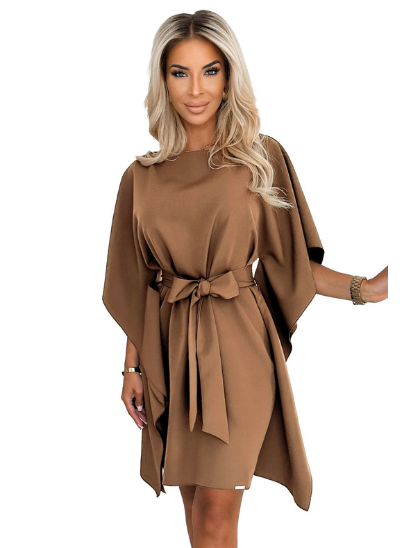 numoco SOFIA Motýlí šaty s vázáním v pase - cappuccino