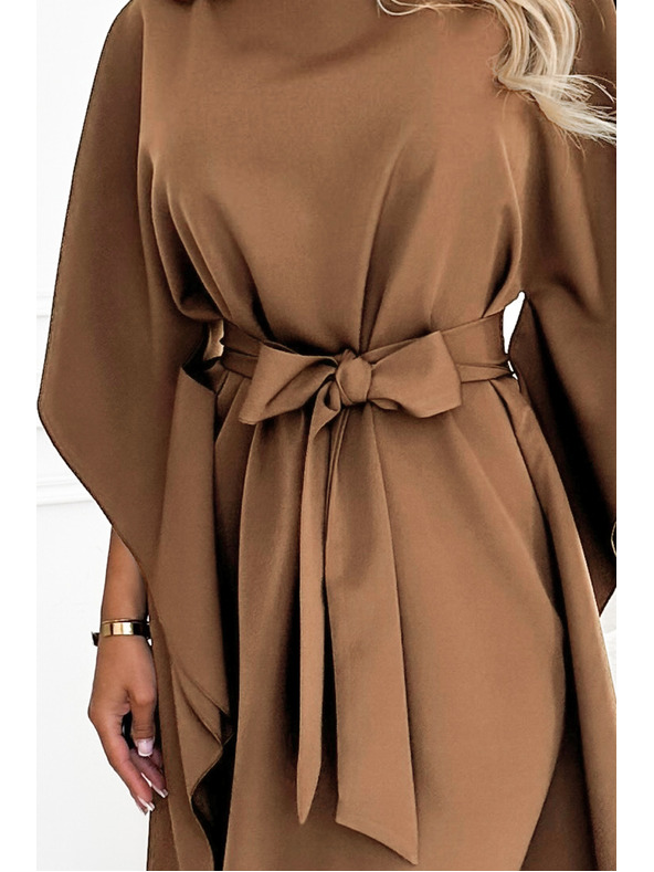 numoco SOFIA Motýlí šaty s vázáním v pase - cappuccino