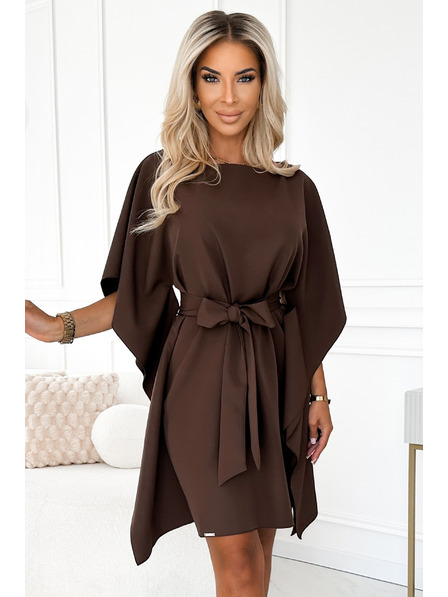 numoco SOFIA Motýlí šaty se zavazováním v pase - čokoládová barva