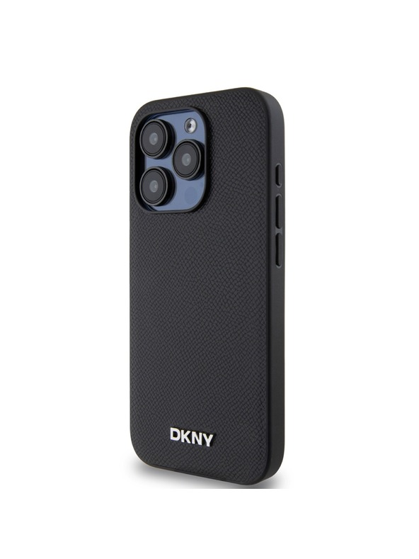 DKNY PU Leather Silver Metal Logo Magsafe Zadní Kryt pro iPhone 15 Pro Black DKNY