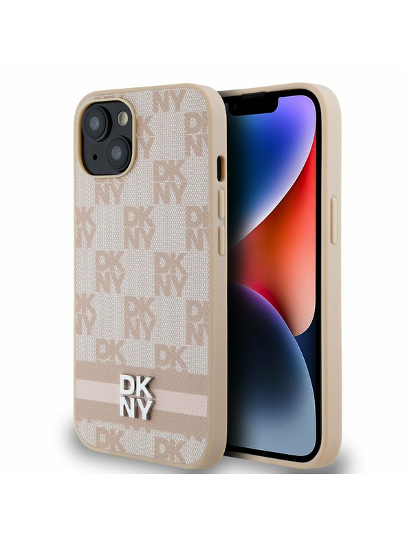 DKNY PU Leather Checkered Pattern and Stripe Zadní Kryt pro iPhone 13 Pink DKNY