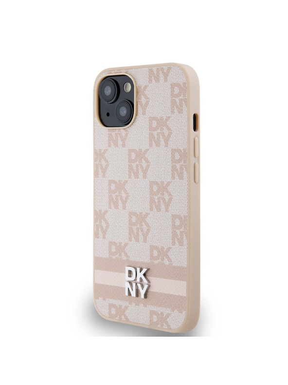 DKNY PU Leather Checkered Pattern and Stripe Zadní Kryt pro iPhone 13 Pink DKNY