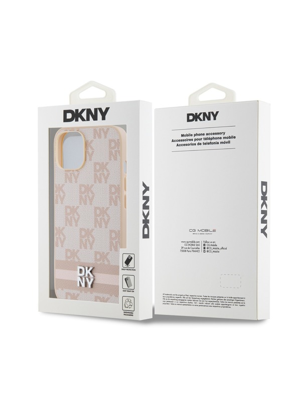 DKNY PU Leather Checkered Pattern and Stripe Zadní Kryt pro iPhone 13 Pink DKNY