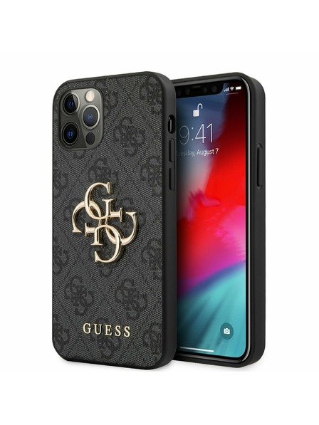 Guess PU 4G Metal Logo Zadní Kryt pro iPhone 12/12 Pro Grey Obal na telefon