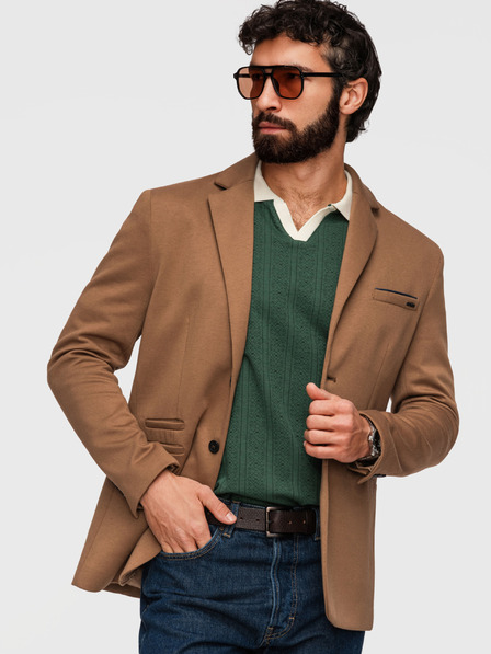 Ombre Clothing Pletené pánské sako SLIM FIT na míru - světle hnědé V4 M170 Ombre Clothing