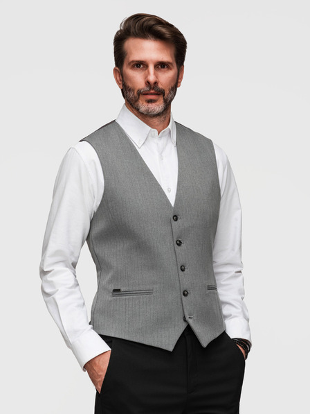 Ombre Clothing Elegantní klasická pánská vesta ve tvaru rybí kosti SLIM FIT - šedá V1 V65 Ombre Clothing