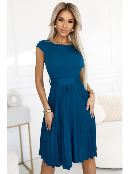 numoco Klasické řasené šaty s krátkým rukávem a páskem Numoco