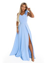 numoco Elegantní večerní maxi šaty s rozparkem a růžemi - světle modré