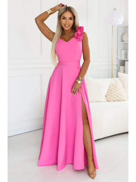 numoco Elegantní večerní maxi šaty s rozparkem a růžemi - cukrářská růžová