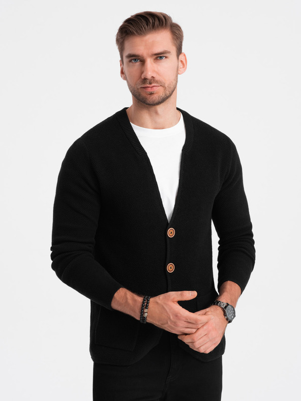 Ombre Clothing Pánský strukturovaný kardigan s kapsami - černý