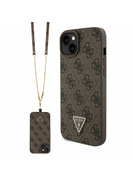 Guess Guess PU 4G Strass Triangle Metal Logo Zadní Kryt + Crossbody Popruh pro iPhone 15 Plus Brown