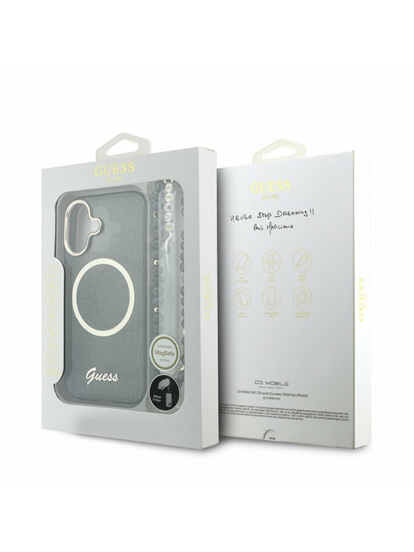 Guess Guess IML Glitter Script Strap MagSafe Zadní Kryt pro iPhone 17 Black