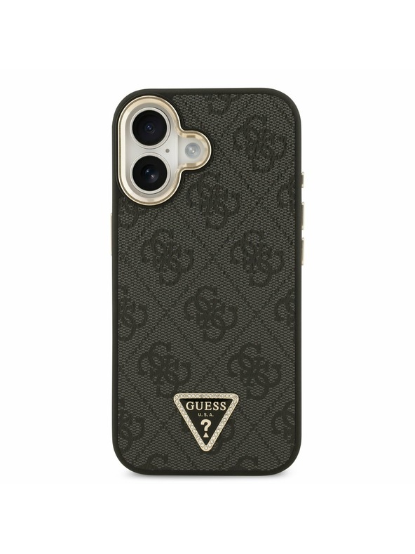 Guess Guess PU Leather 4G Strass Triangle Logo Gold Frame MagSafe Zadní Kryt pro iPhone 17 Black