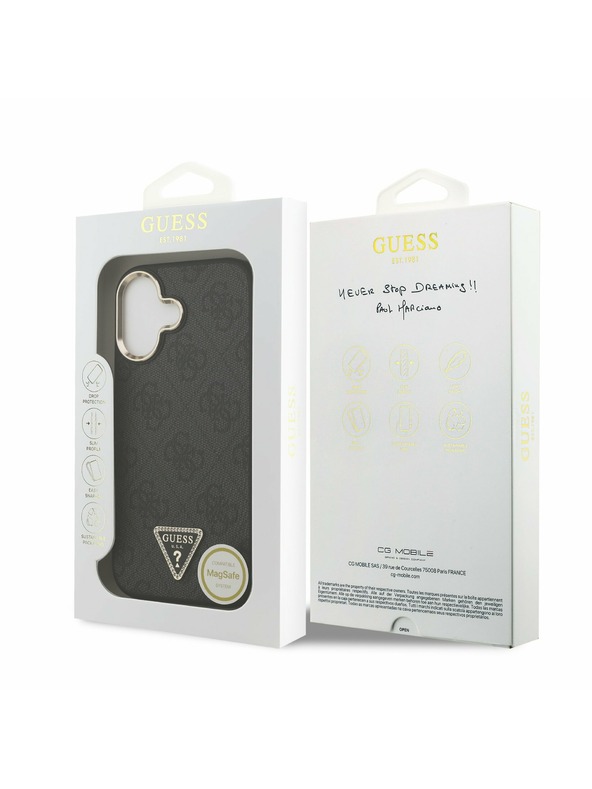 Guess Guess PU Leather 4G Strass Triangle Logo Gold Frame MagSafe Zadní Kryt pro iPhone 17 Black