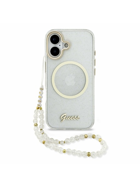 Guess Guess IML Glitter Script Strap MagSafe Zadní Kryt pro iPhone 17 Transparent