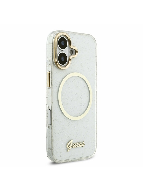 Guess Guess IML Glitter Script Strap MagSafe Zadní Kryt pro iPhone 17 Transparent
