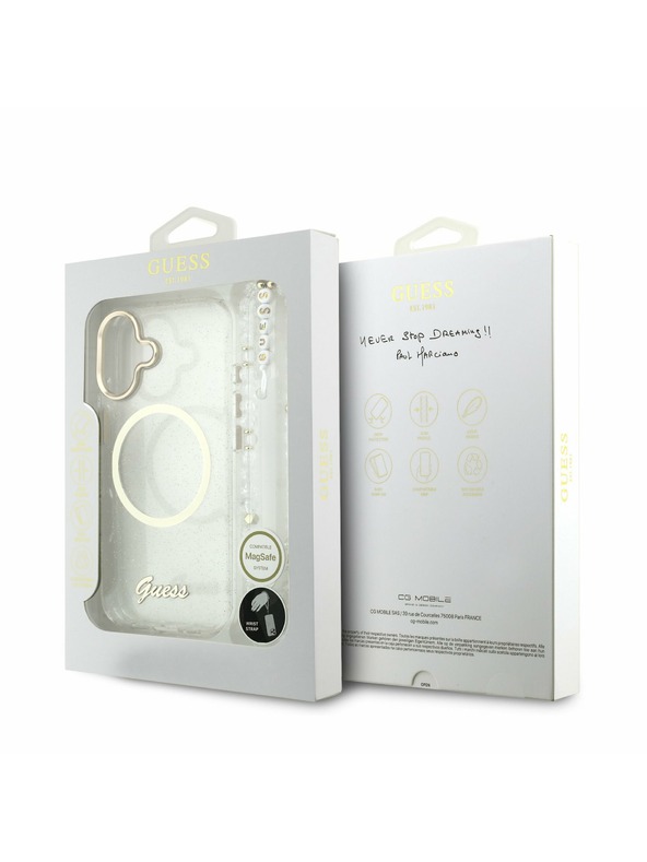 Guess Guess IML Glitter Script Strap MagSafe Zadní Kryt pro iPhone 17 Transparent